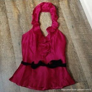 WHBM | Womens Size 2 Dark Red Silk Ruffle Floral Halter Black Tie Waist Belt Top